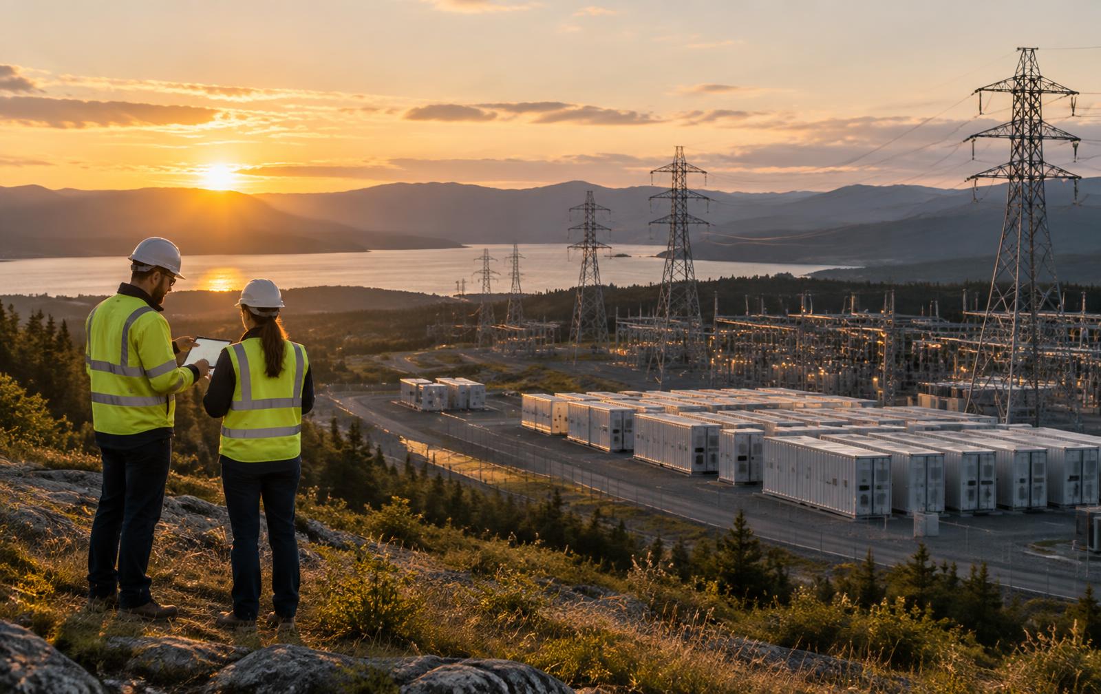 Engineers overlooking modern energy and transmission infrastructure