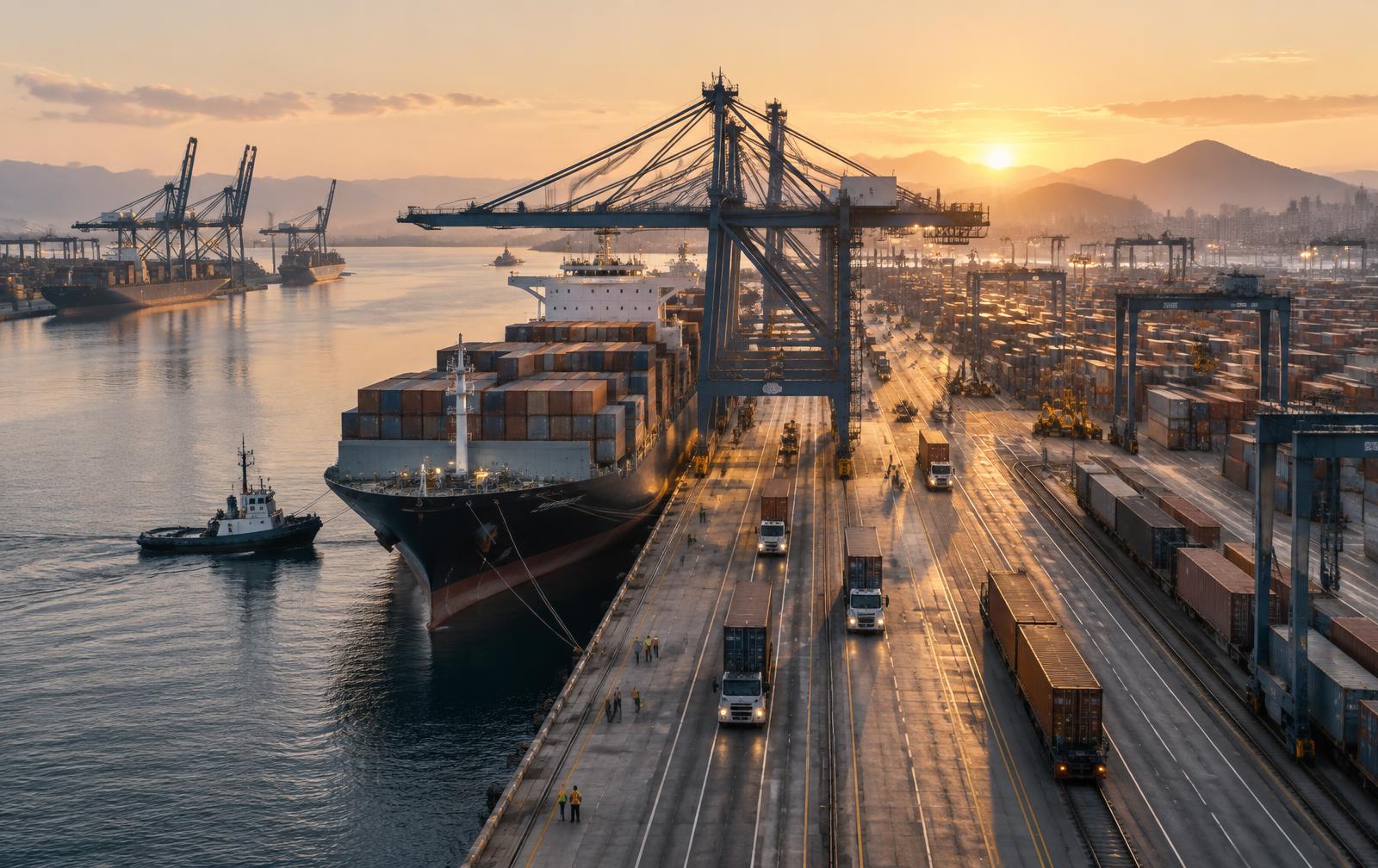 International port and logistics infrastructure at sunrise